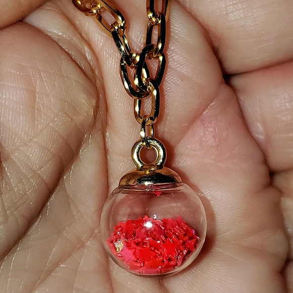 Glass ball pendant necklace & earrings set on gold chain with red sparkle stars. - Picture 6 of 8